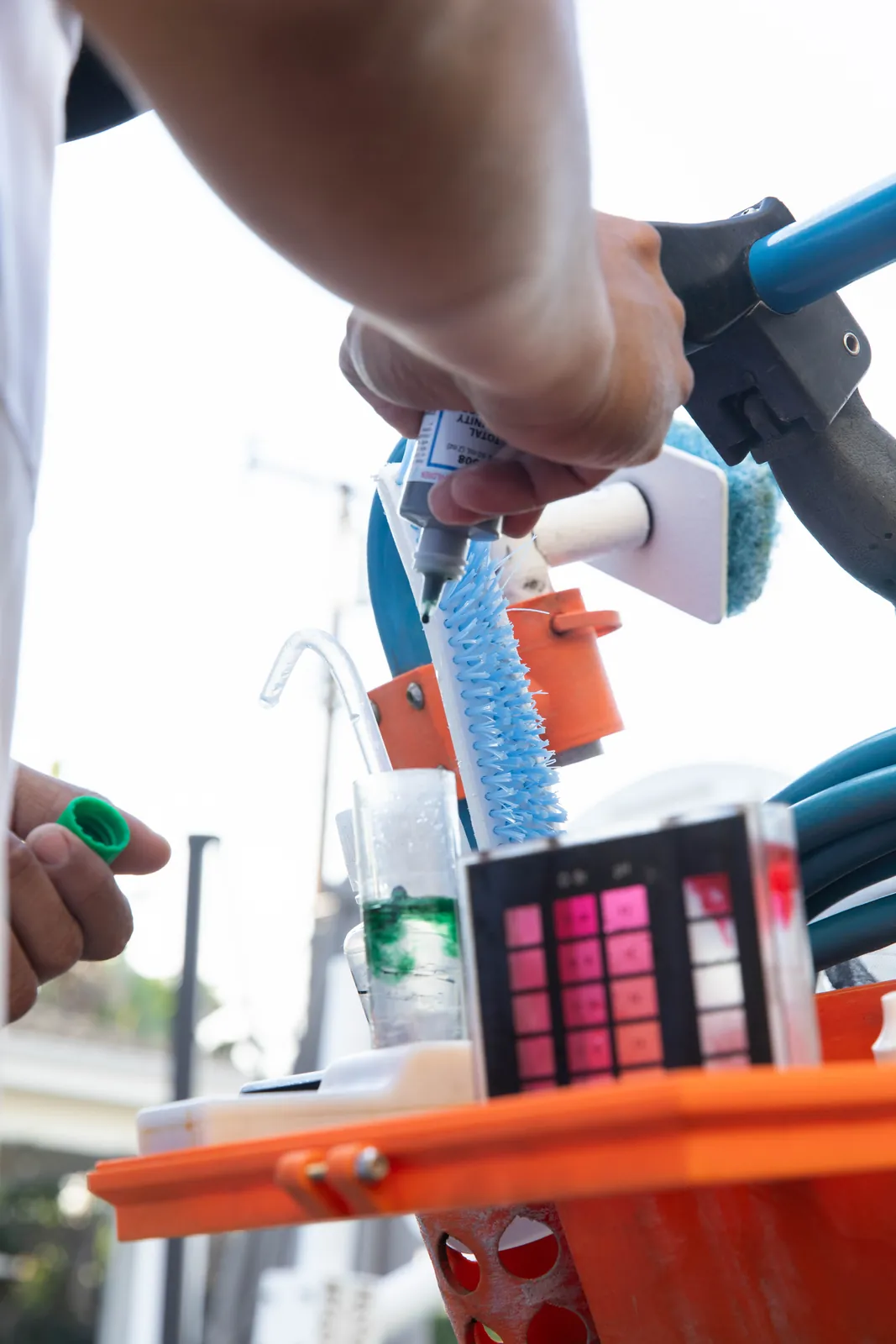 Water chemistry test and dose
